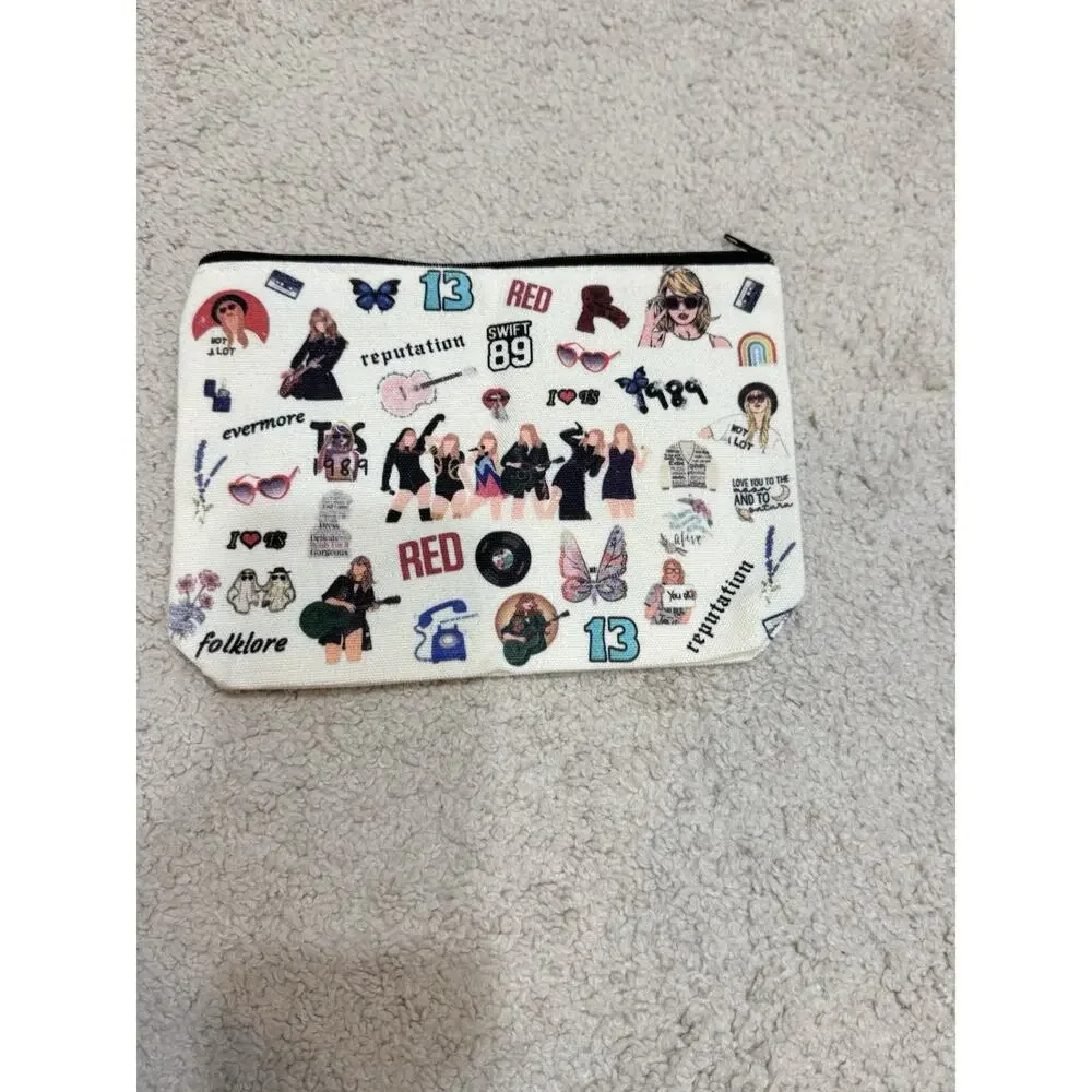 Taylor Swift Themed Fabric Makeup Bag Pouch Swifty Artsy Collage 9x5 in